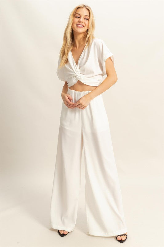 Hyfve Twisted Front Short Sleeve Top And Wide Leg Pants Set