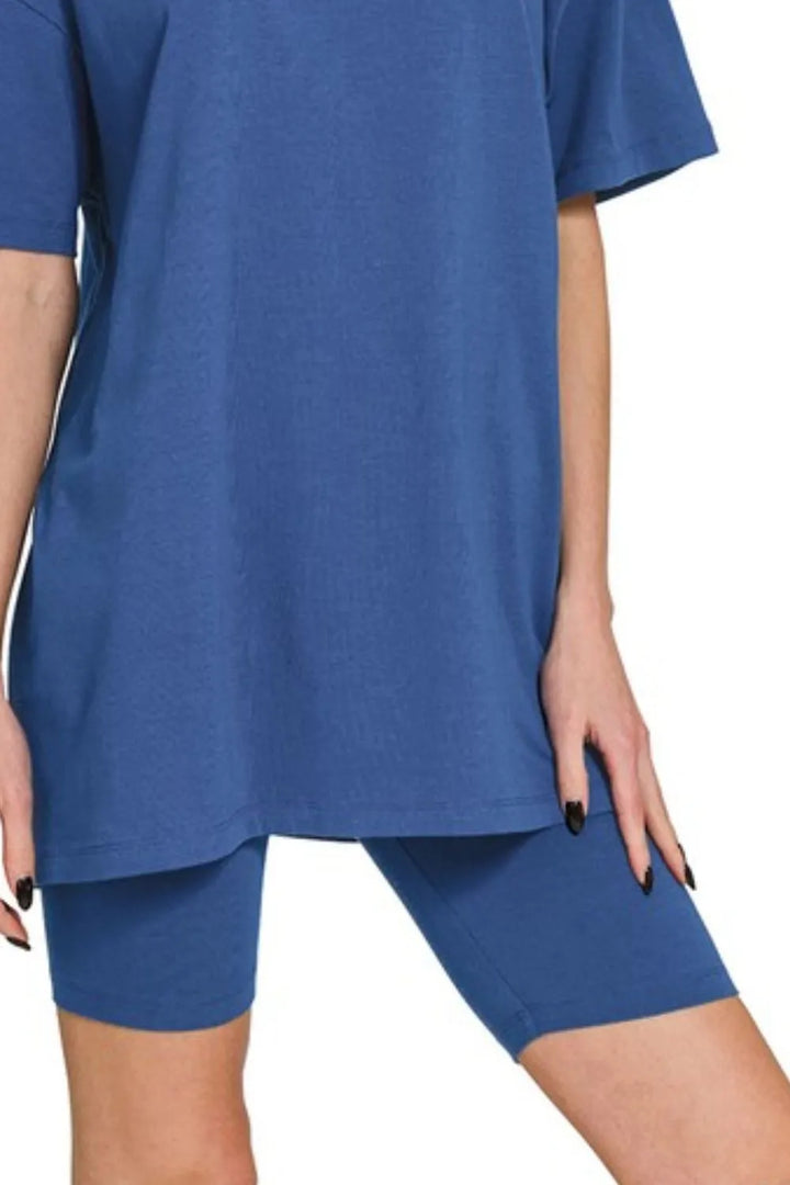Lt Navy Zenana Cotton Round Neck Top Biker Shorts 1