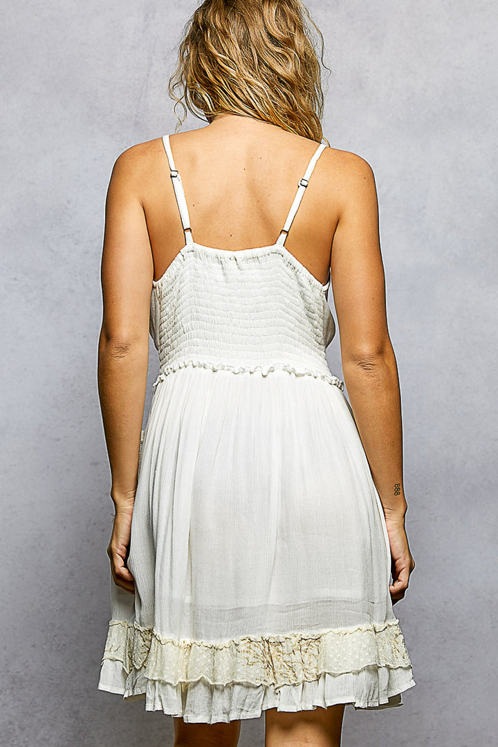 Pol V Neck Embroidered Tassel Smocked Waist Mini Dress