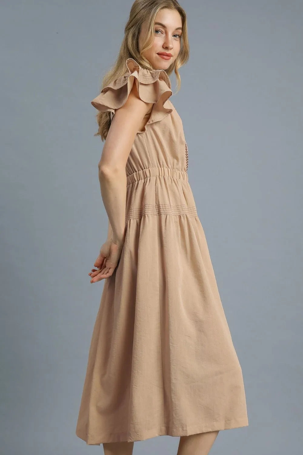 Tan Umgee Ruffled Cap Sleeve Midi Dress With Contrast Trim Detail