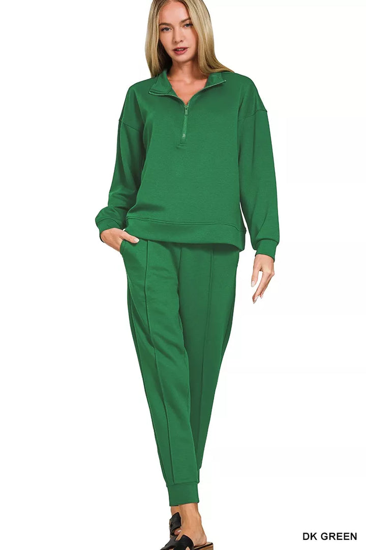 Dk Green Zenana Scuba Half Zip Pullover And Jogger Set