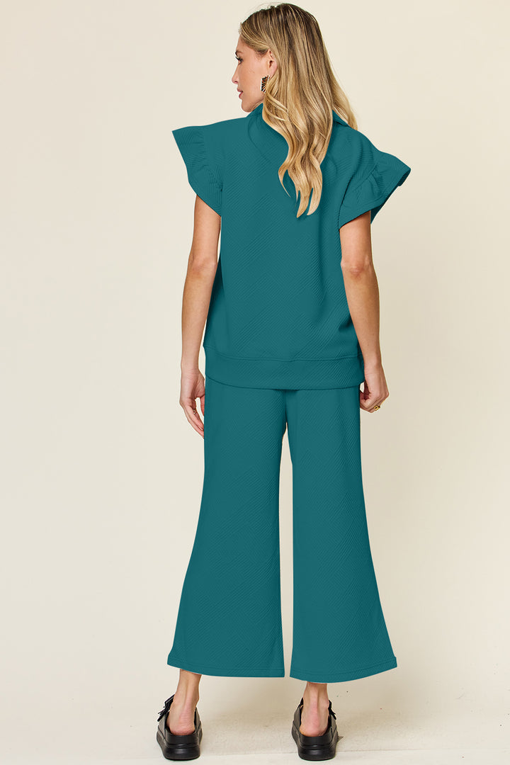 White Double Take Texture Ruffle Short Sleeve Top And Drawstring Wide Leg Pants Set