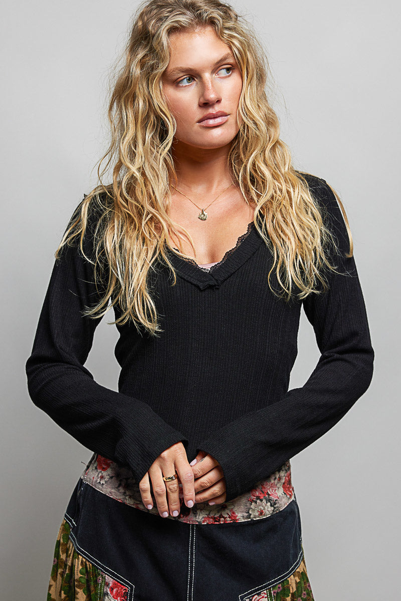 Black Pol V Neck Long Sleeve Ribbed Top With Lace Accent Neckband 3