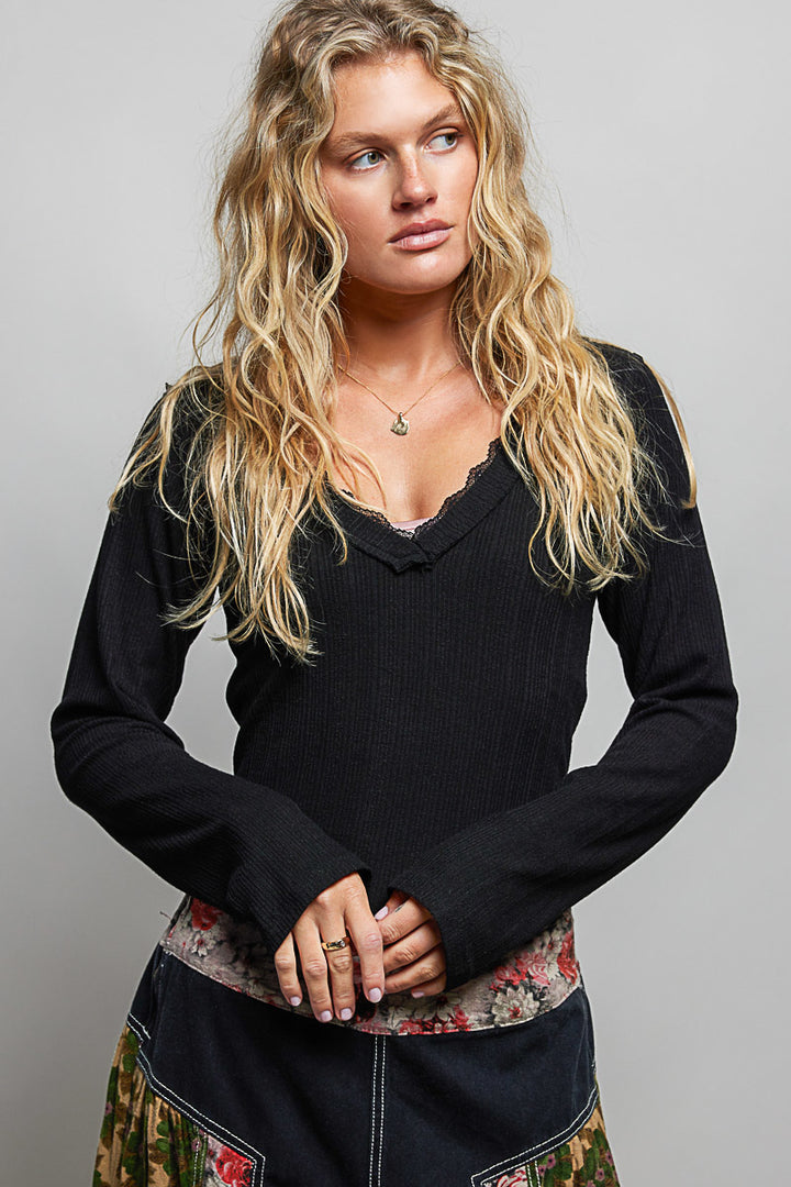 Black Pol V Neck Long Sleeve Ribbed Top With Lace Accent Neckband 3