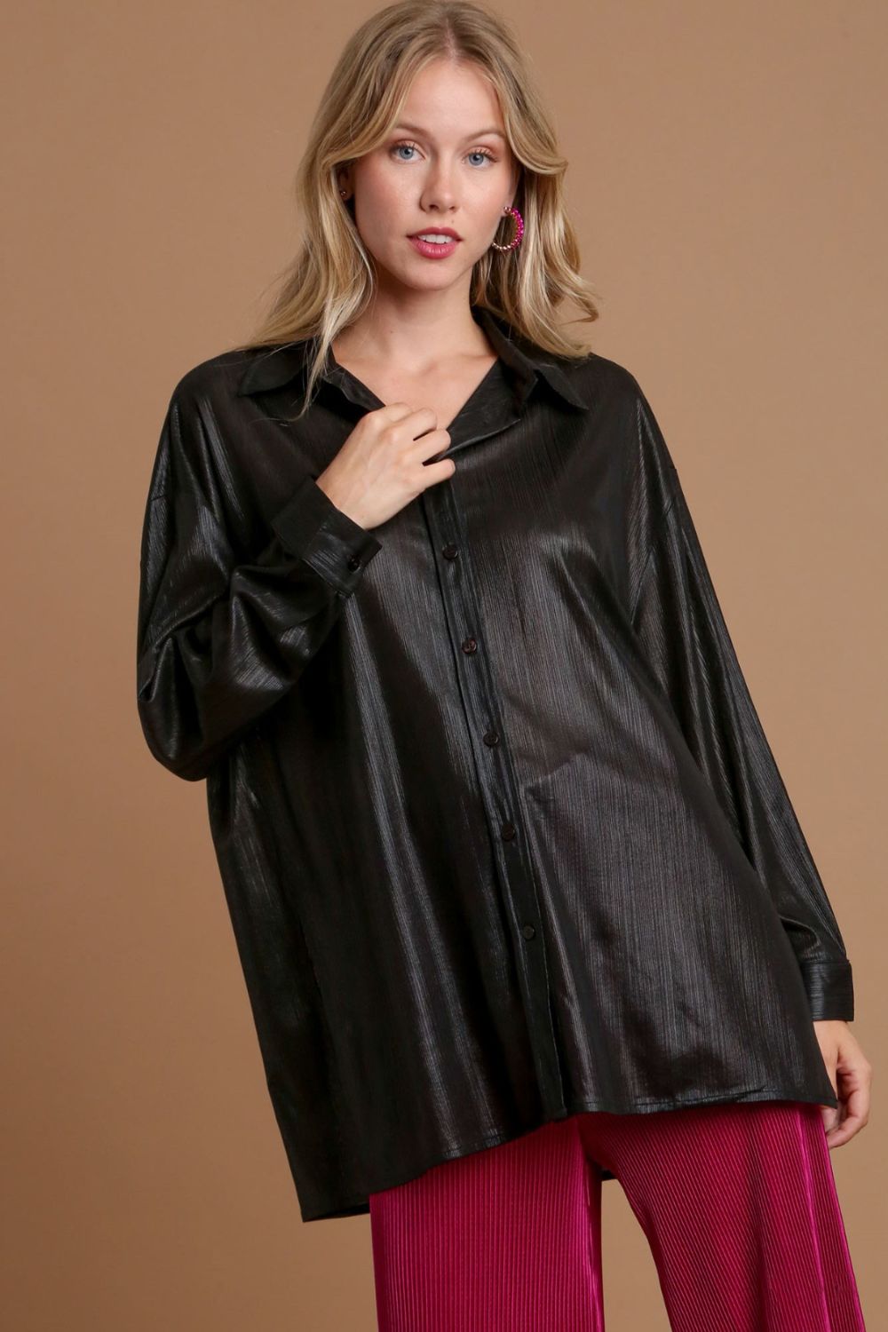 Black Umgee Side Slit Button Up Long Sleeve Shirt