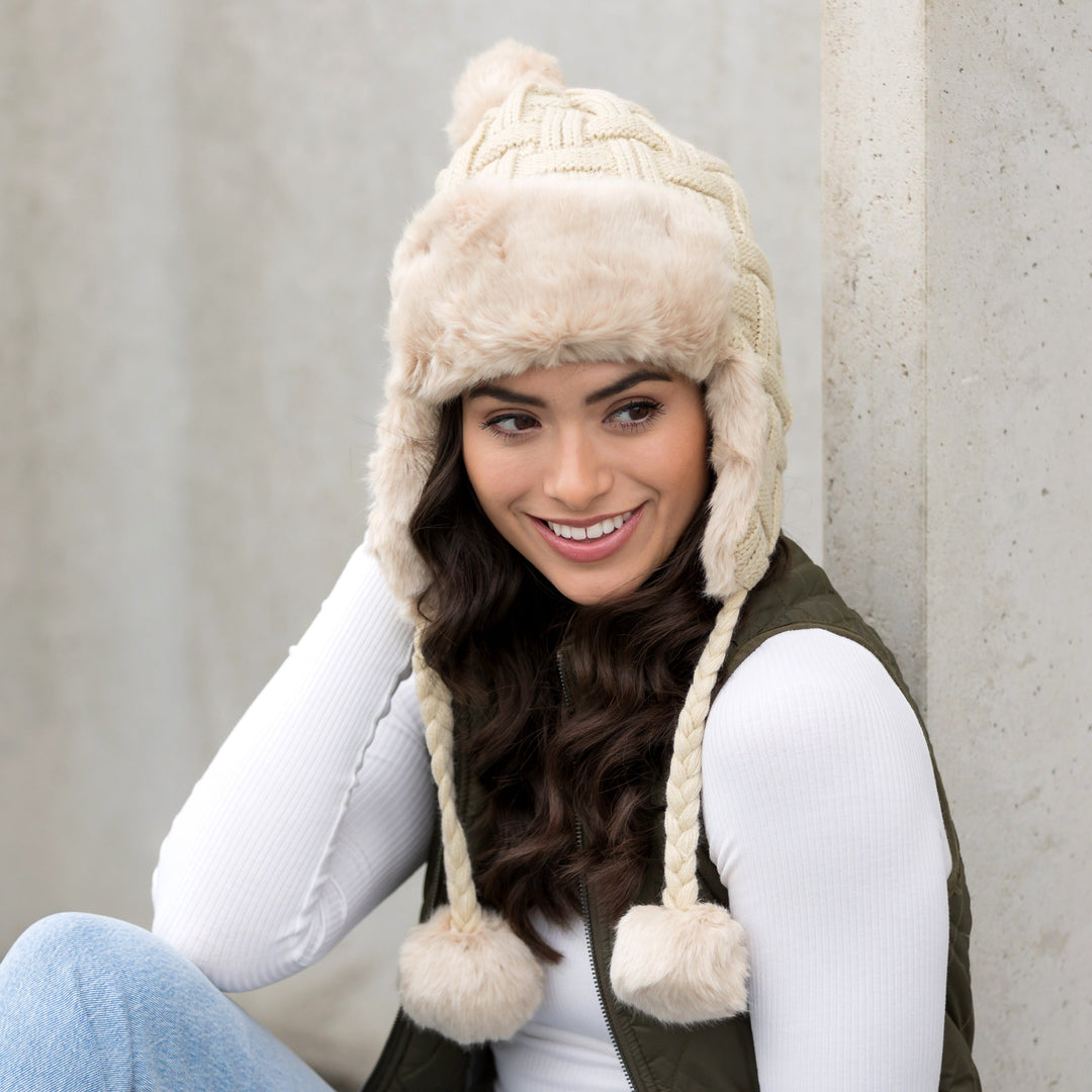 Taupe Cable Weave Pom Trapper Hat 1