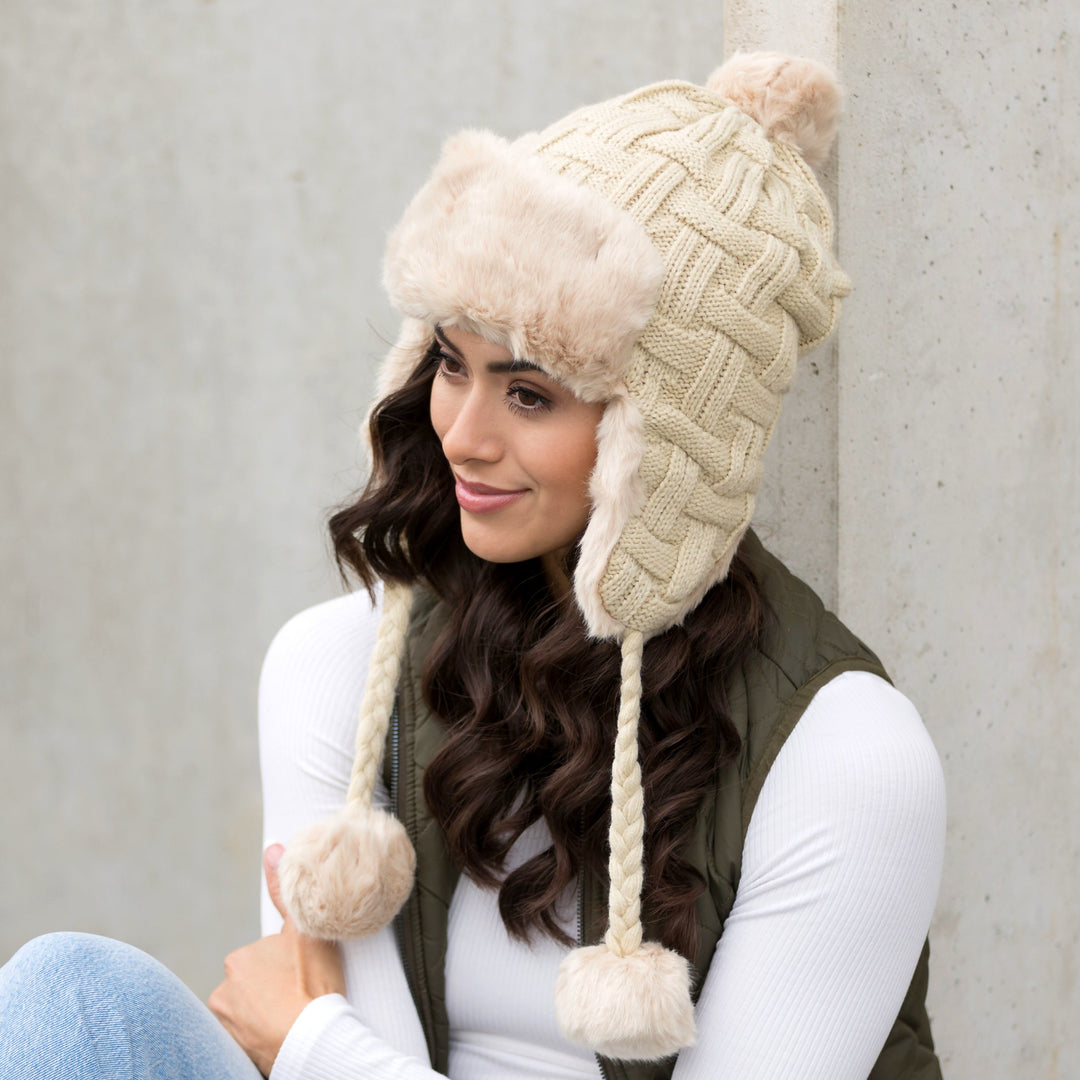 Ivory Cable Weave Pom Trapper Hat 1