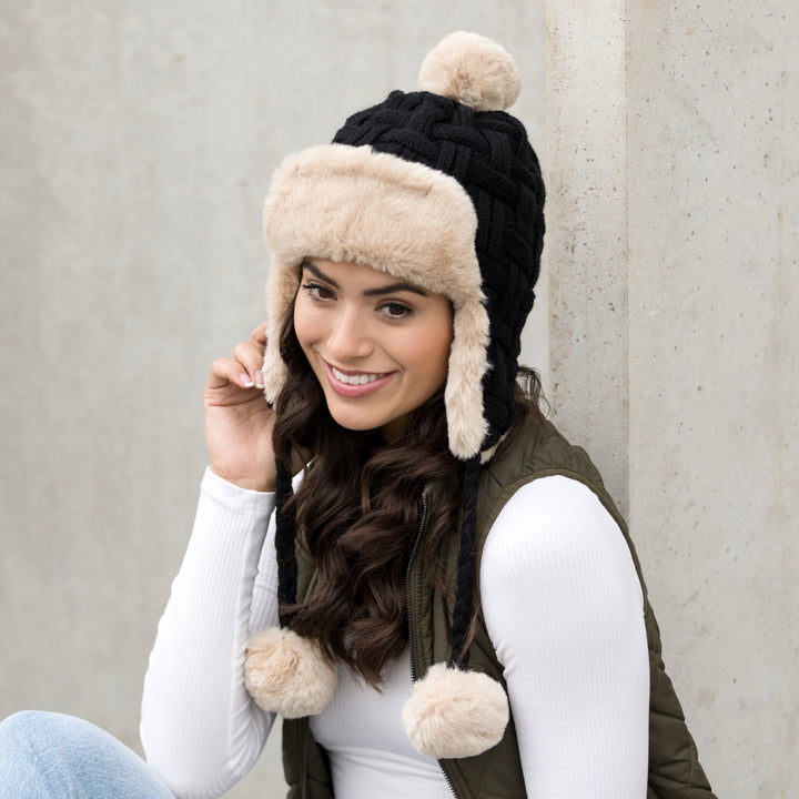 Cable Weave Pom Trapper Hat 1