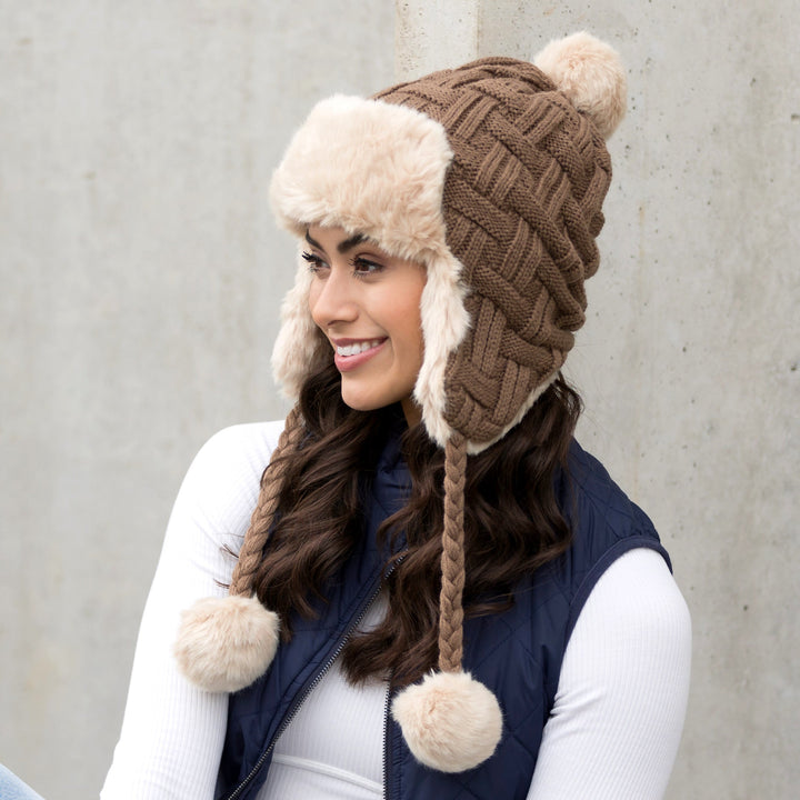 Beige Cable Weave Pom Trapper Hat 1