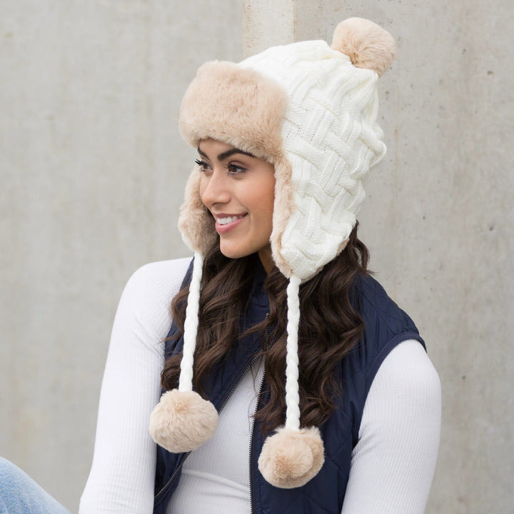 Cable Weave Pom Trapper Hat 1