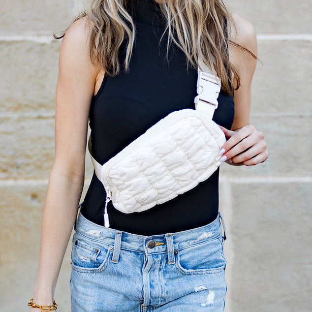 Black Anya Quilted Puffer Sling Crossbody Belt Bum Fanny Waist Bag