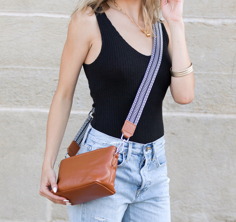 Cognac Aria Leather Compact Crossbody 1