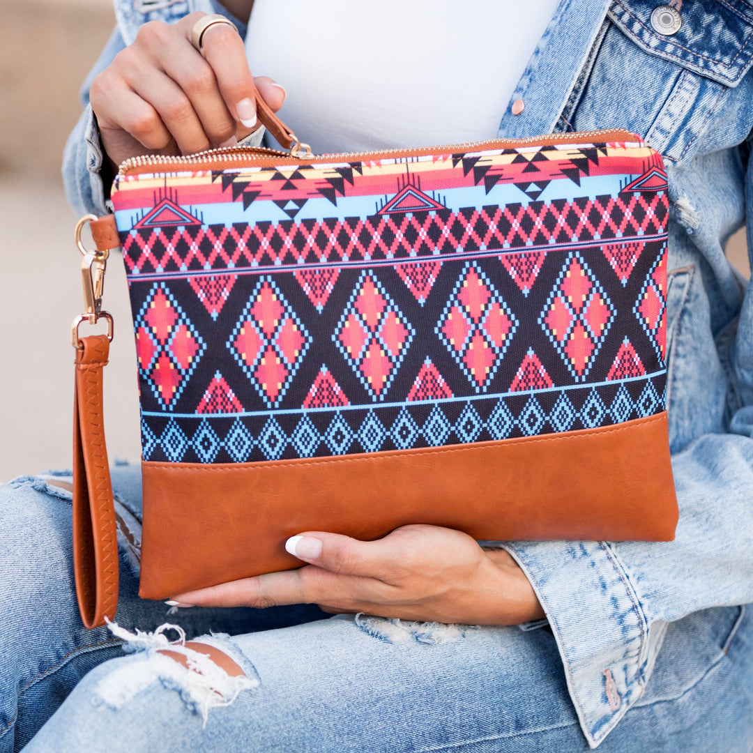 Teal Beige Aztec/ Tan Aztec Boho Clutch