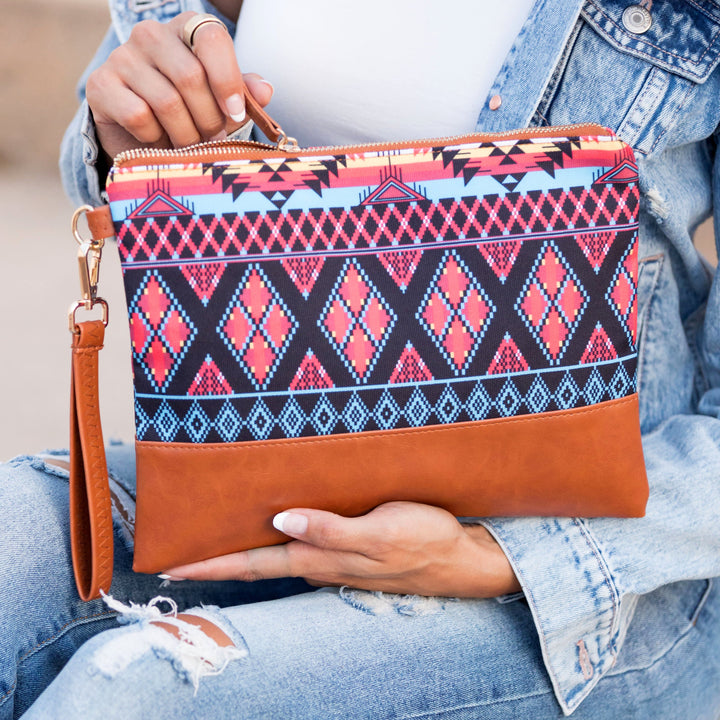 Teal Beige Aztec/ Tan Aztec Boho Clutch