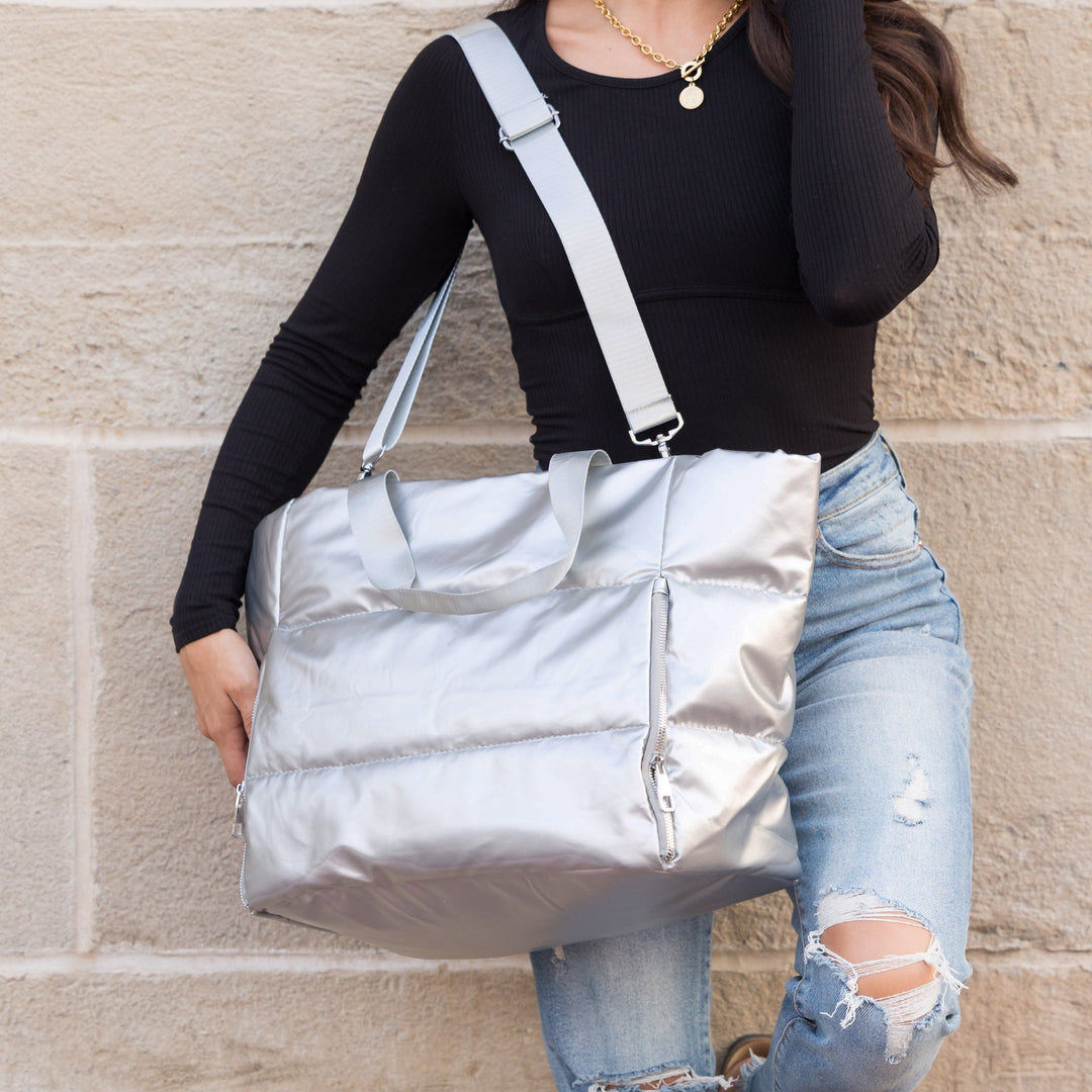 Silver Metallic Puffer Tote 1