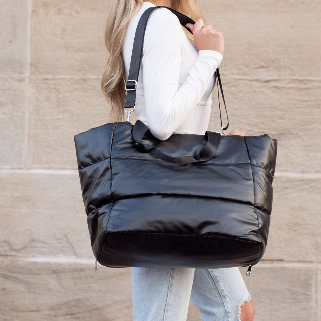 Black Metallic Puffer Tote 1
