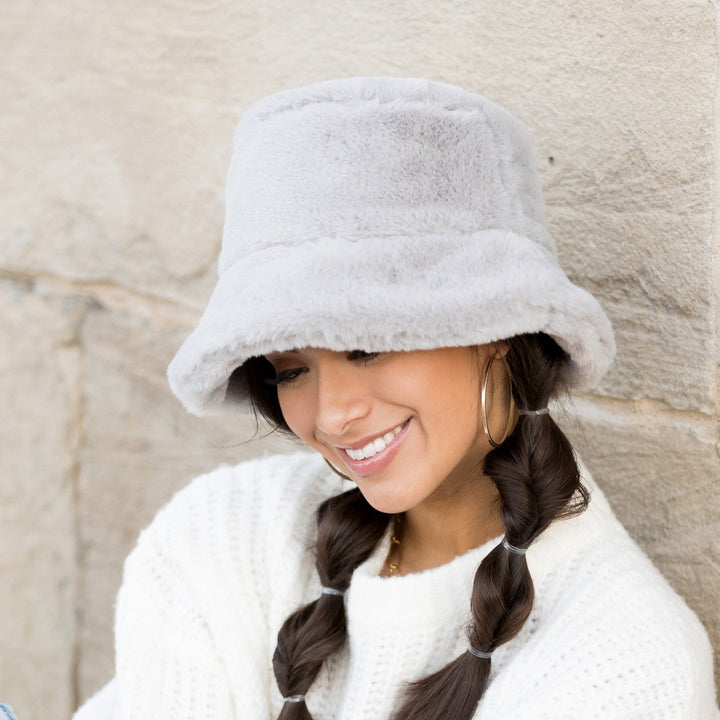 Gray Plush Fur Bucket Hat