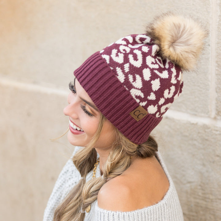 Beige C C® Natural Leopard Pom Beanie