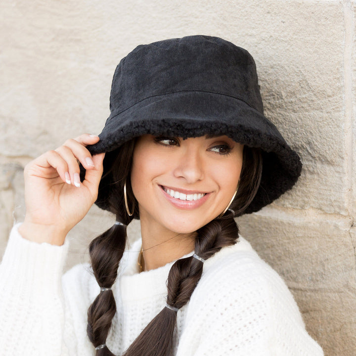 Black Reversible Sherpa Boucle Bucket Hat