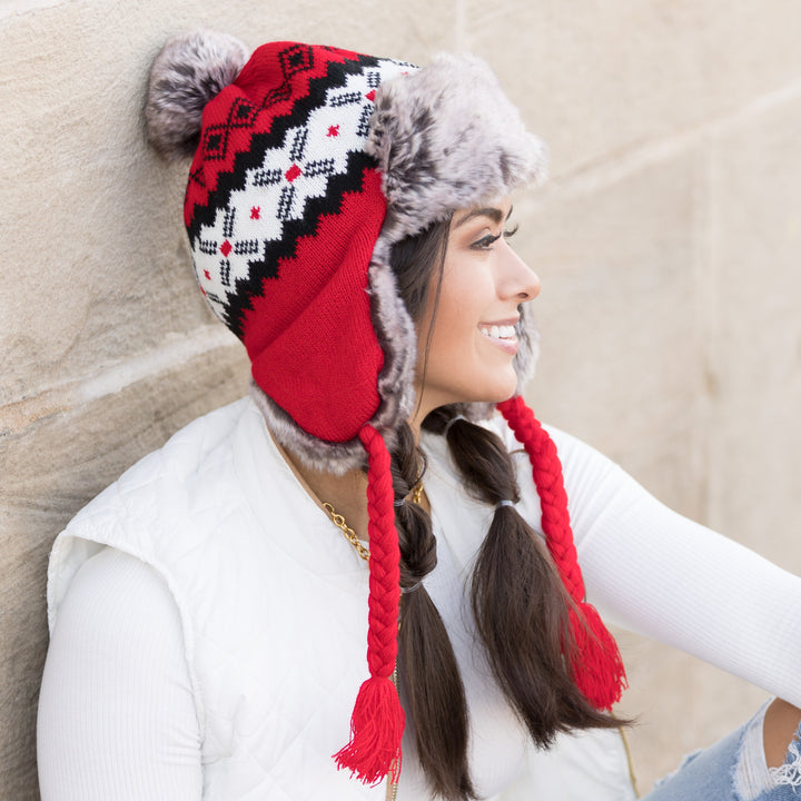 Black Fair Isle Pom Trapper Hat
