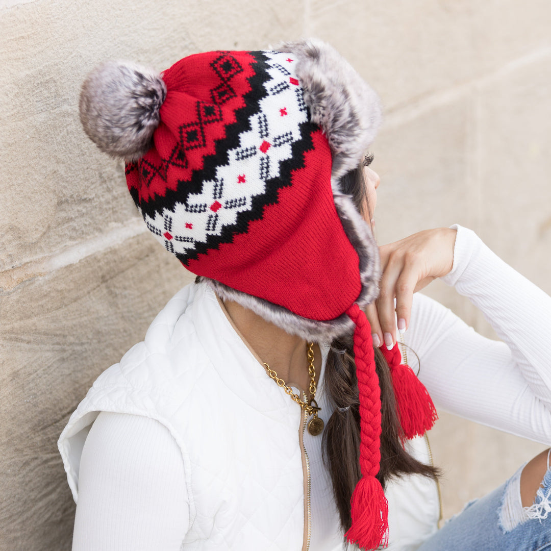 Gray Fair Isle Pom Trapper Hat