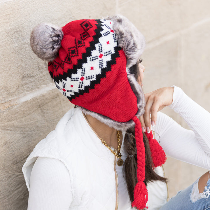 Gray Fair Isle Pom Trapper Hat