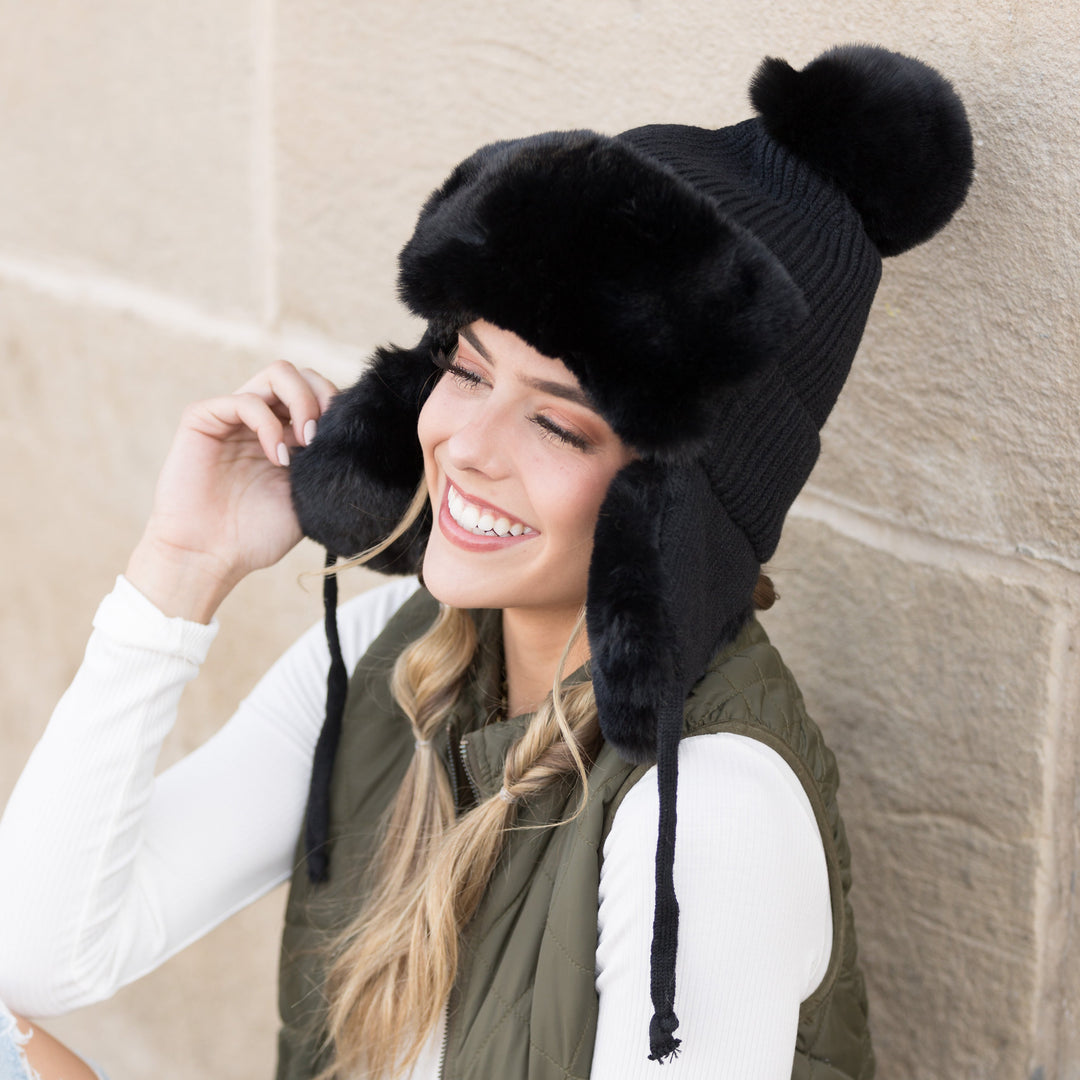 Taupe Ribbed Pom Trapper Hat