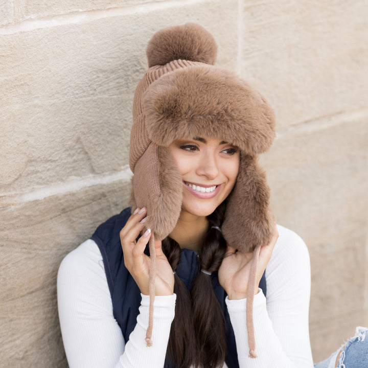 Beige Ribbed Pom Trapper Hat