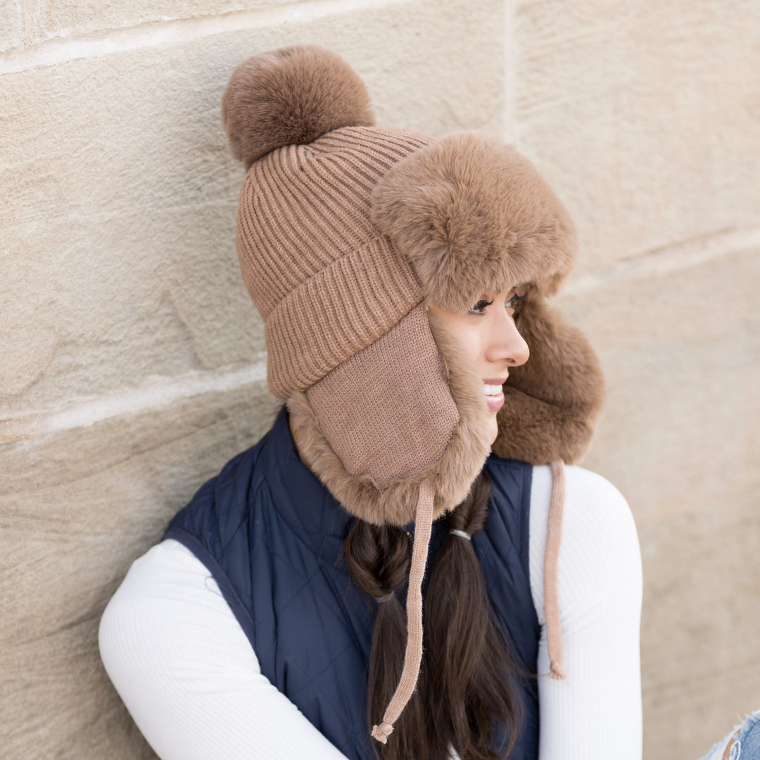 Black Ribbed Pom Trapper Hat