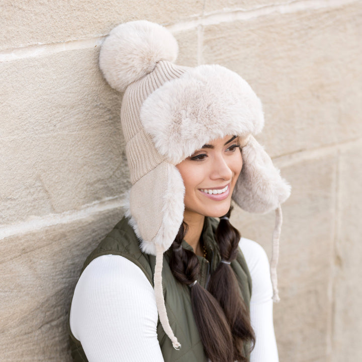 Blush Ribbed Pom Trapper Hat