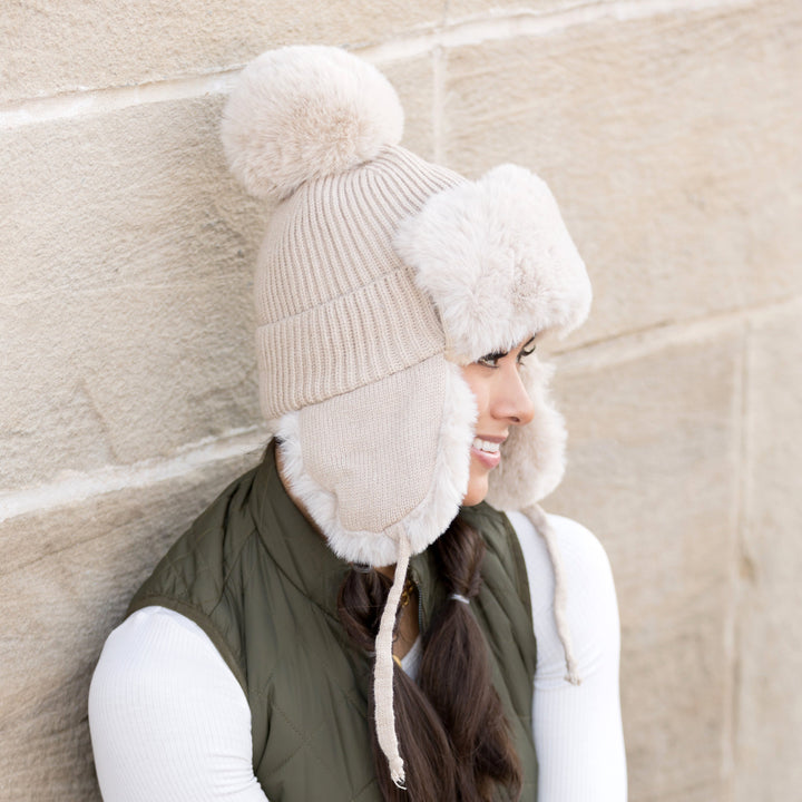 Gray Ribbed Pom Trapper Hat