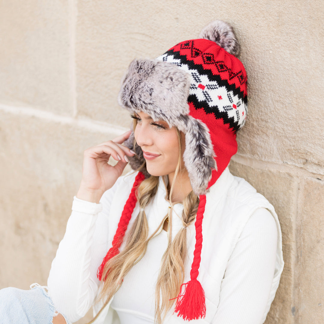 Beige Fair Isle Pom Trapper Hat