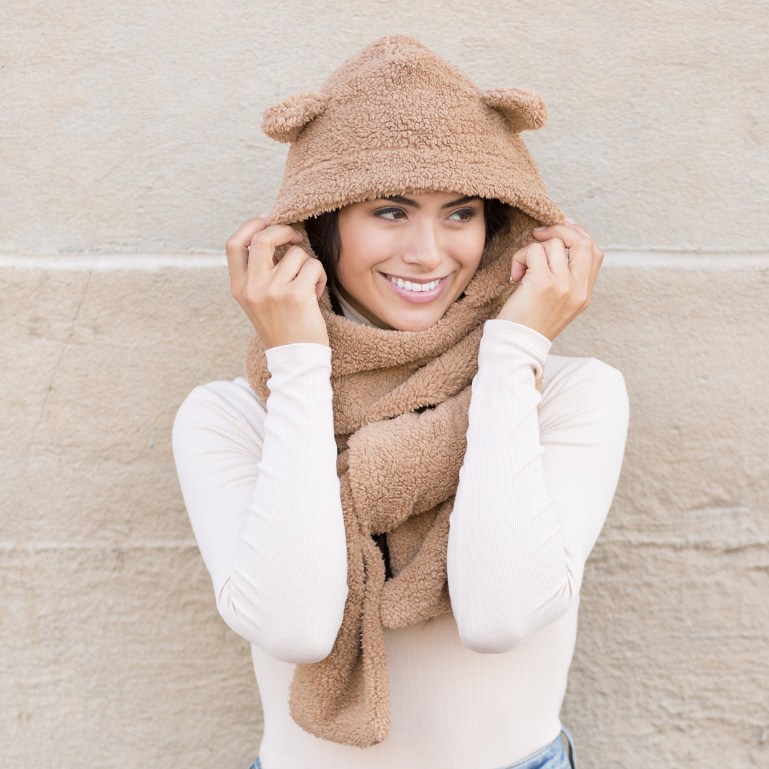 Cream Teddy Bear Hooded Scarf 1