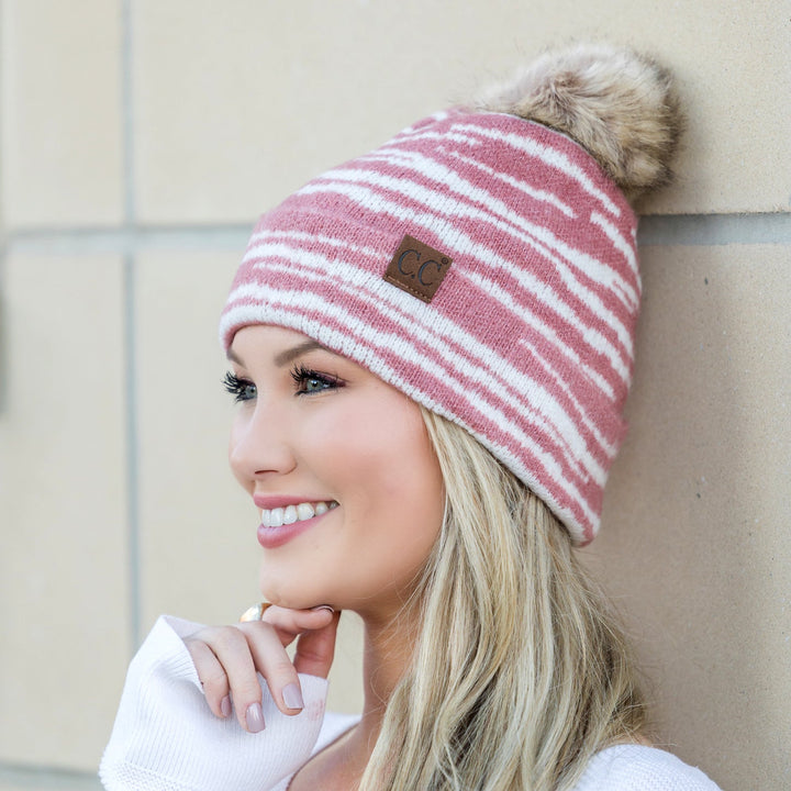 Beige C C® Zebra Pom Beanie