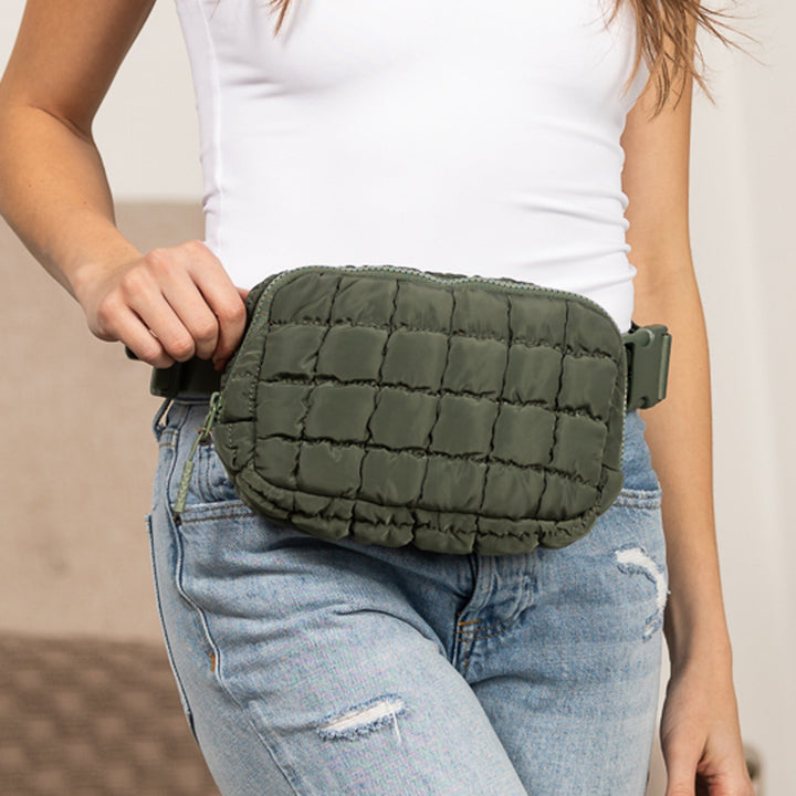 Black Evyn Quilted Puffer Sling Crossbody Belt Bum Fanny Waist Bag