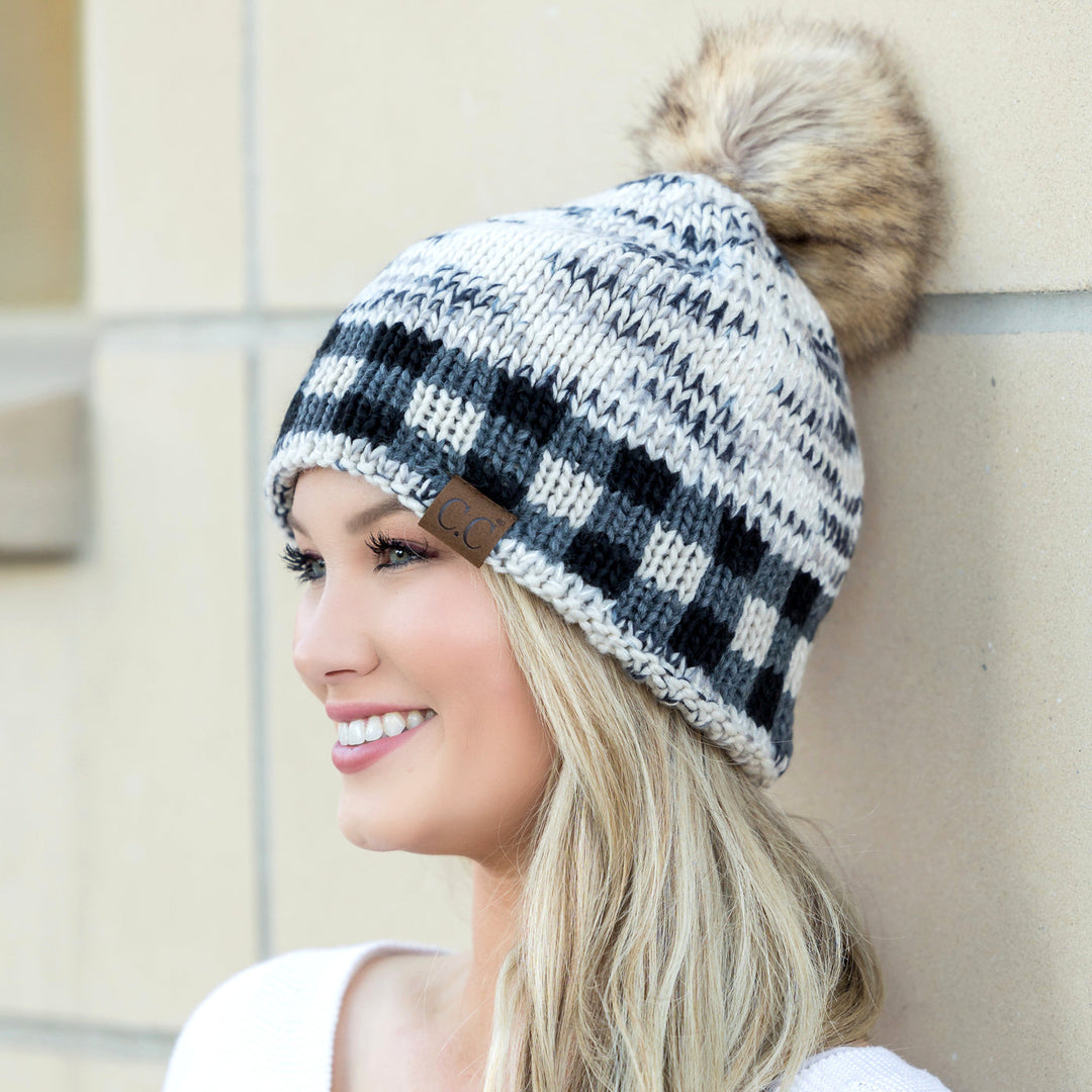 Ivory/Red C C® Buffalo Knit Pom Beanie