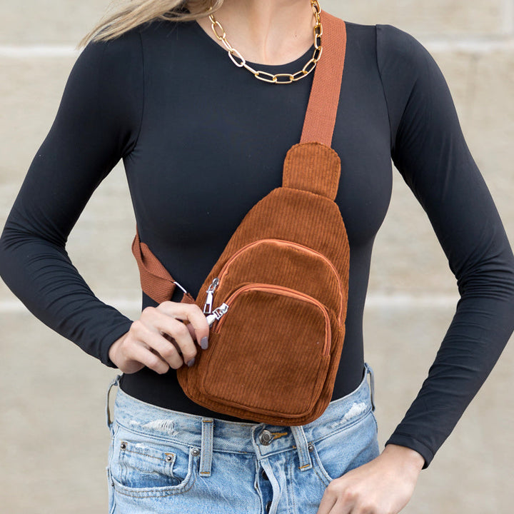 Gray Ingrid Double Zip Corduroy Sling 1