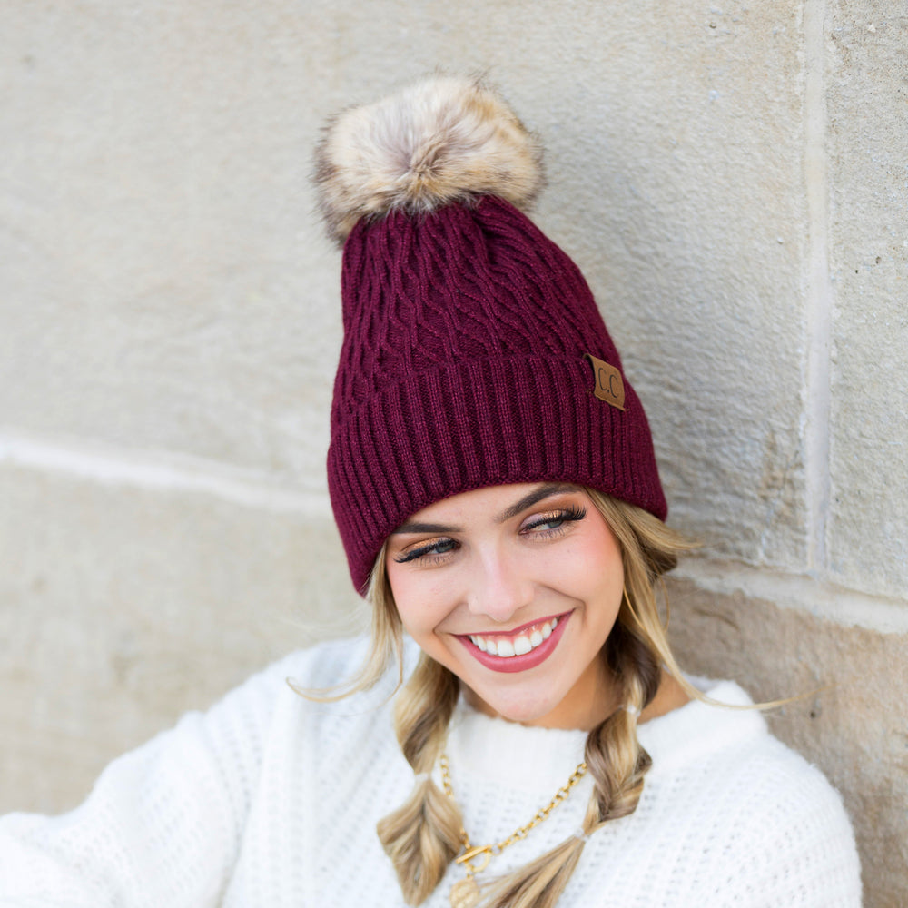 Beige C C® Honeycomb Pom Beanie