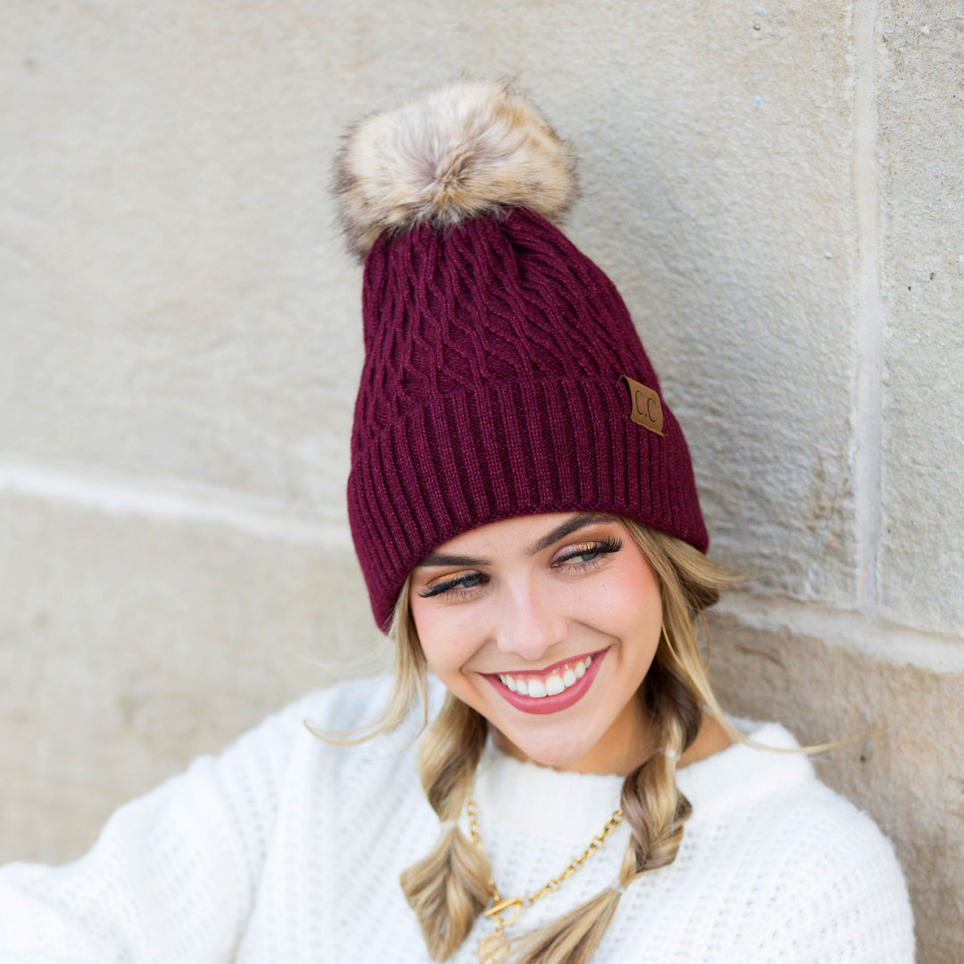Beige C C® Honeycomb Pom Beanie