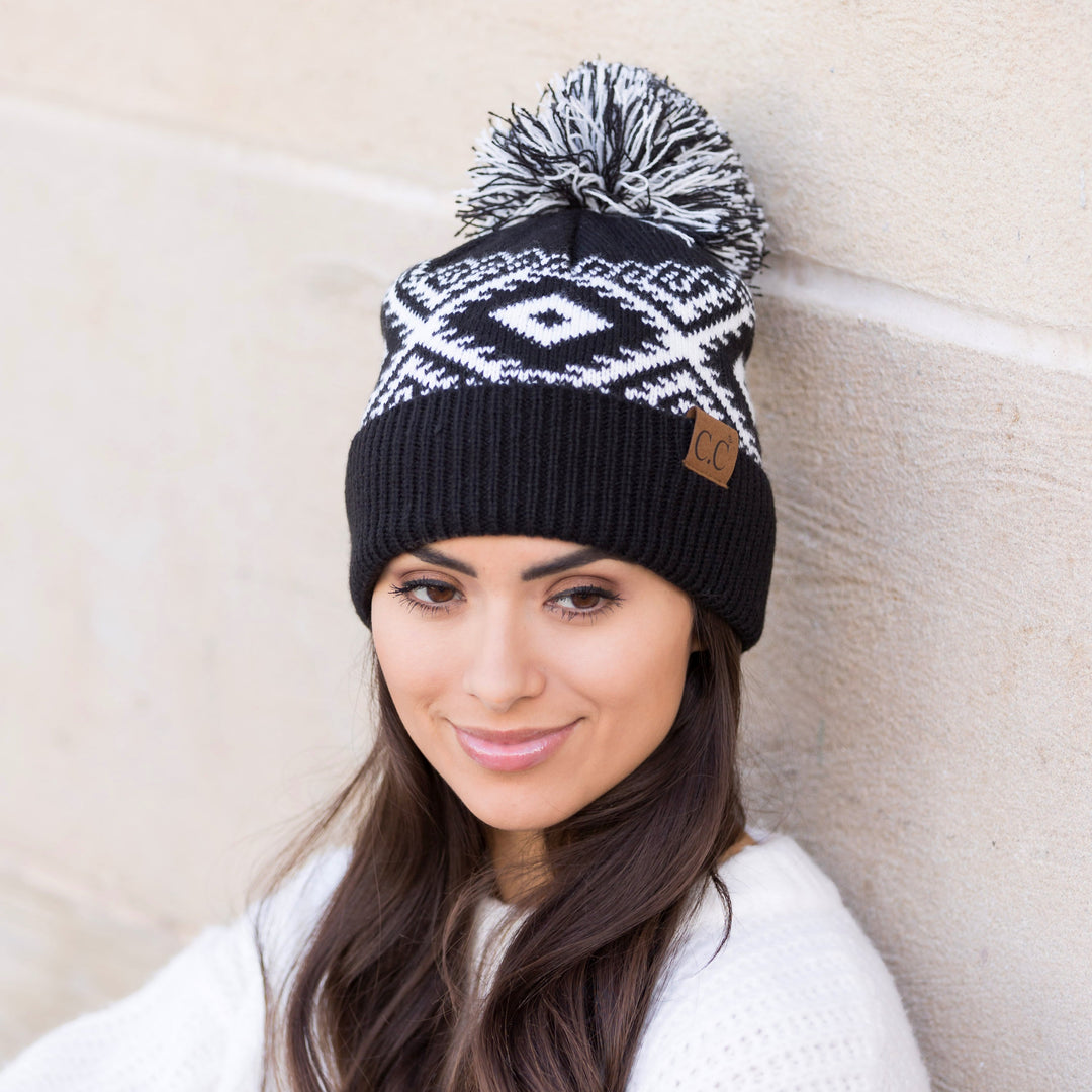 Taupe C C® Aztec Knit Pom Beanie Hat