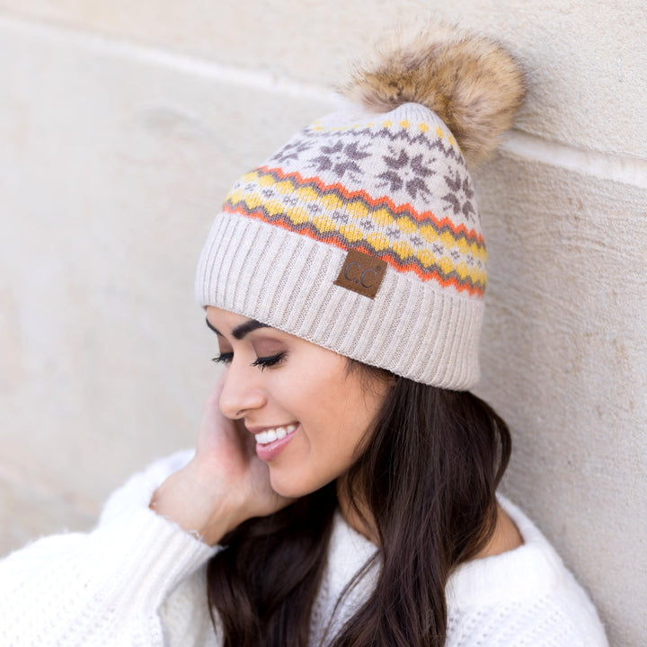 Taupe C C® Nordic Fair Isle Pom Beanie Hat