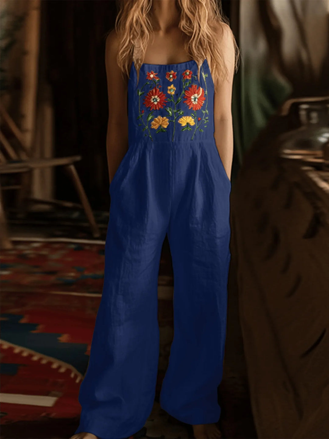 Dark Blue Floral Embroidered Wide Leg Jumpsuit