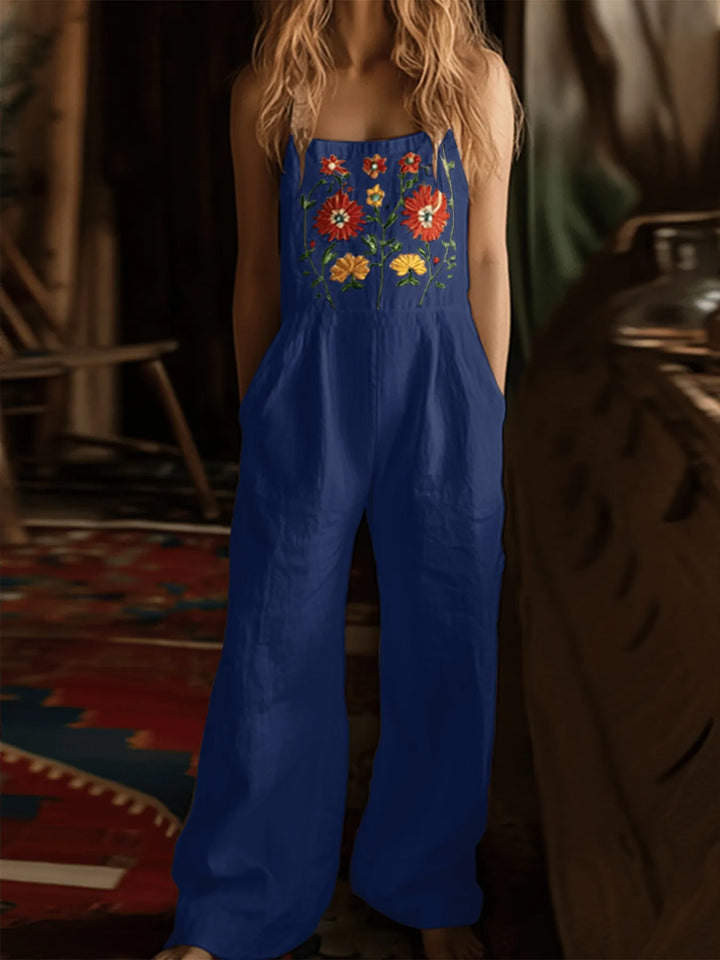 Dark Blue Floral Embroidered Wide Leg Jumpsuit