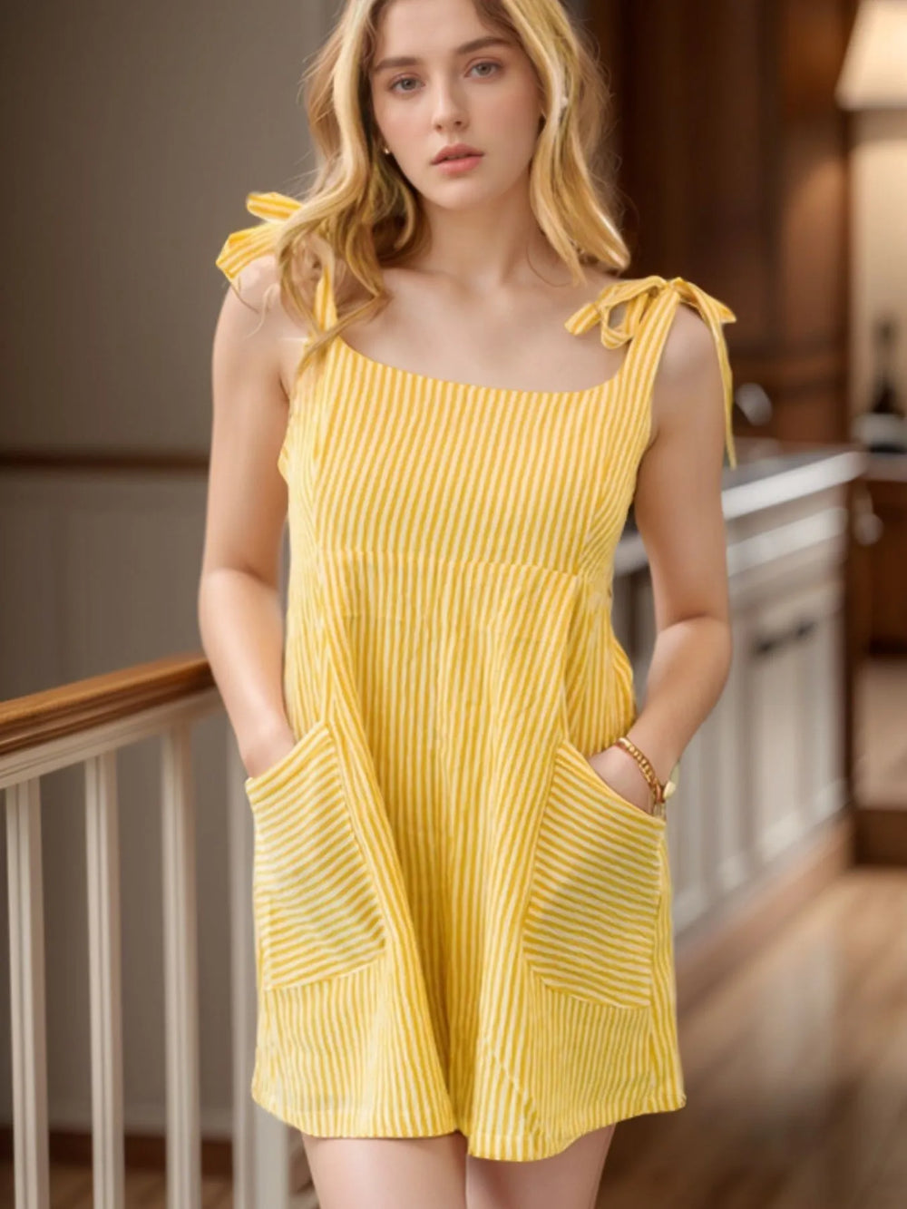 Pastel Yellow Stripe Shoulder Tie Smocked Back Casual Romper