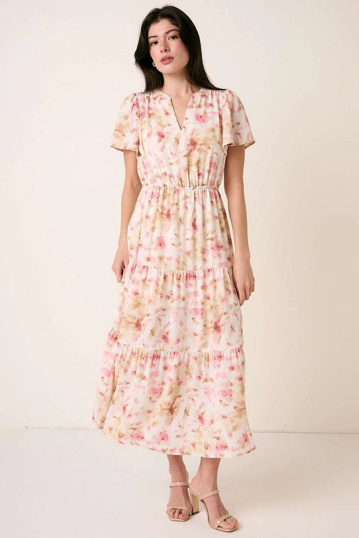 Pink Mittoshop Flower Print Flutter Sleeve V Slit Maxi Dress