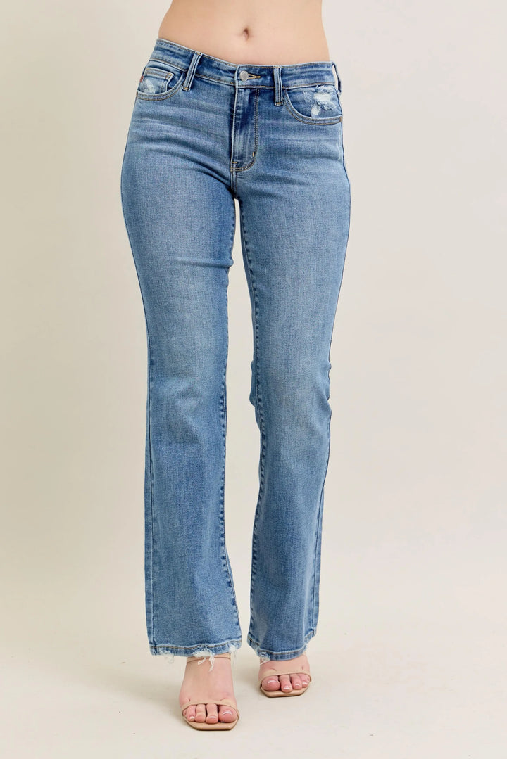 Md Judy Blue Full Size Mid Rise Wash Destroy Hem Bootcut Jeans Plus Size