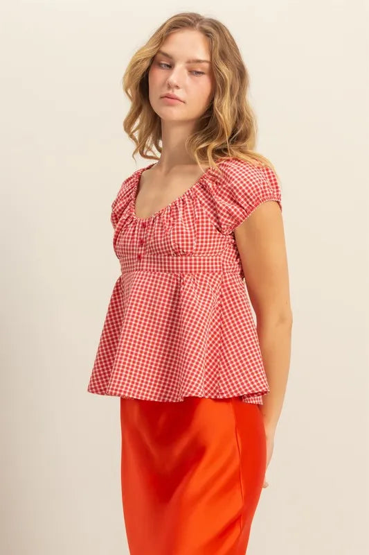 Red Hyfve Gingham Scoop Neck Cap Sleeve Blouse