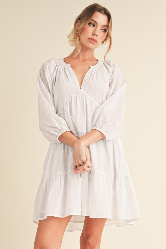 White Aemi Co Notched Balloon Sleeve Tiered Mini Dress
