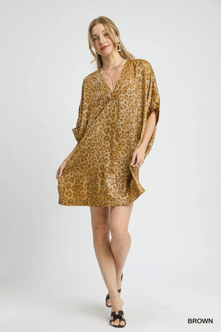 Umgee Metallic Leopard Print V Neck Kimono Dress
