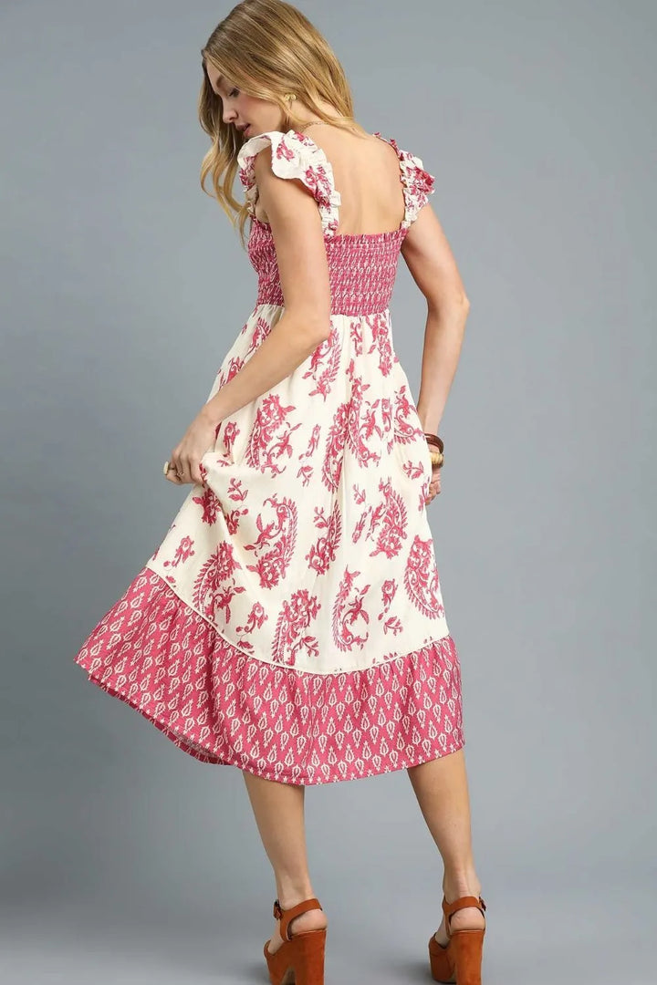 Deep Rose Umgee Printed Smocked Midi Dress With Ruffle Details